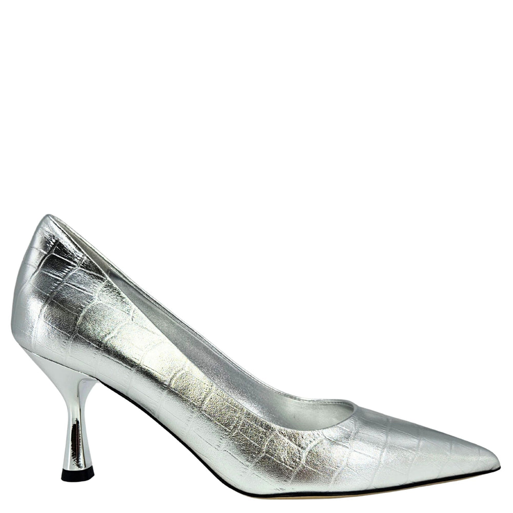 Silver high-heeled shoe on a white background