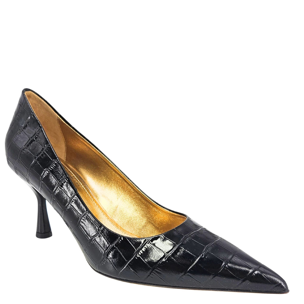 Black croc-embossed leather pointed-toe high-heel pump with stiletto heel