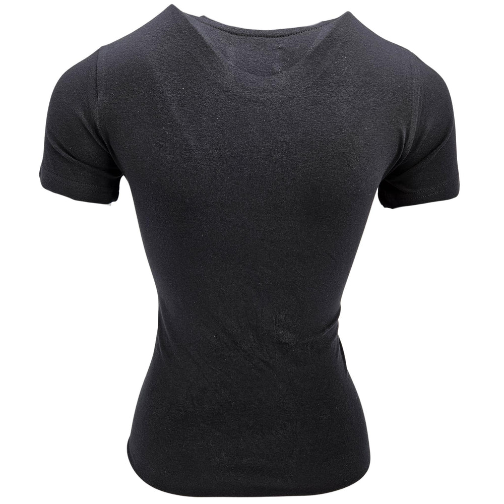 Black t-shirt with a pink star design on a white background