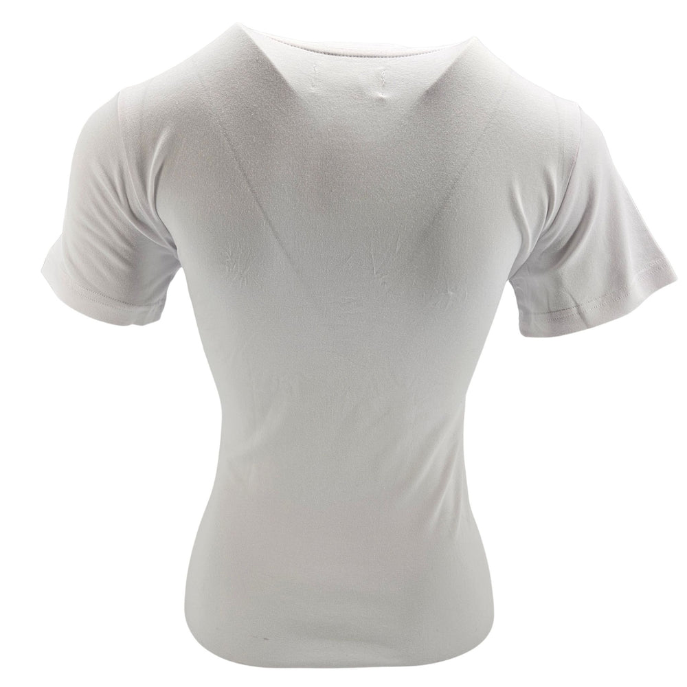 White t-shirt with a black star design on a white background