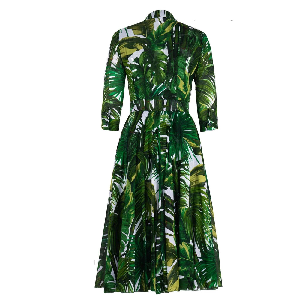 Green palm-print midi dress with collared neckline, flared skirt, 3/4 sleeves