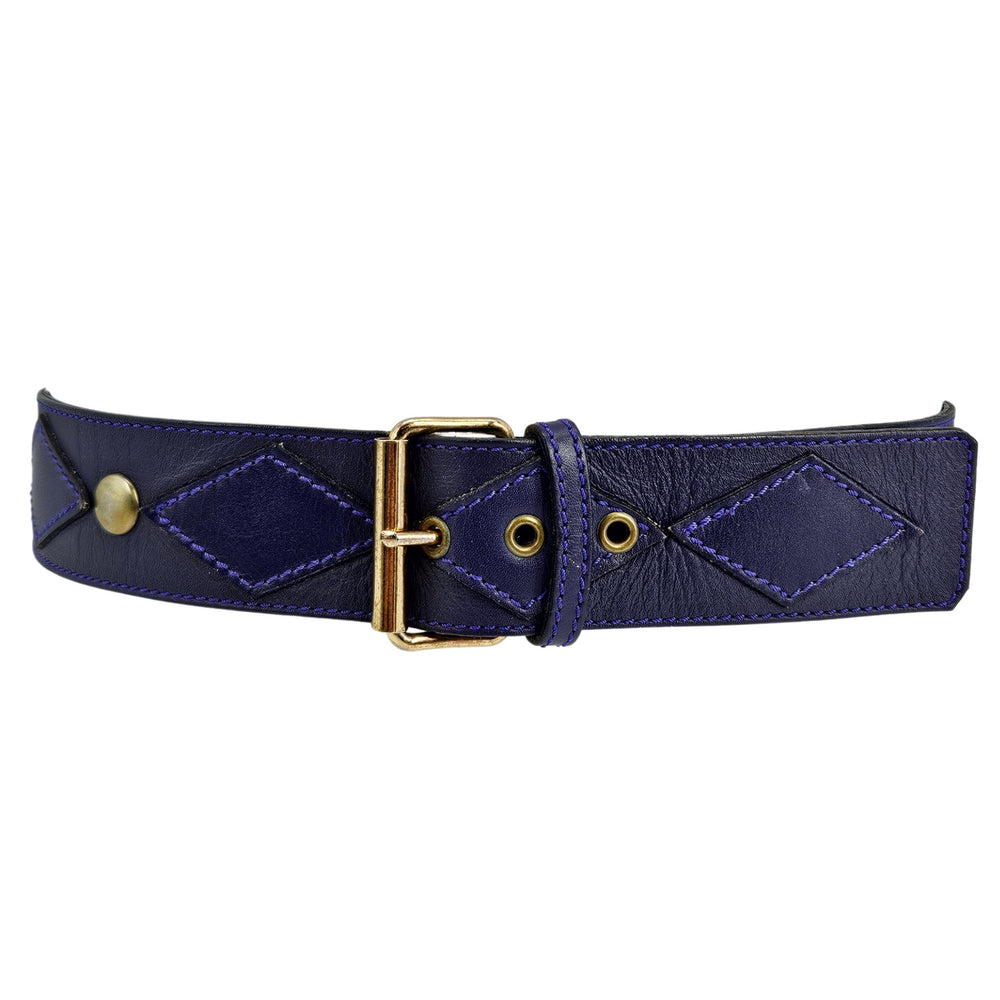 Navy leather belt with gold buckle on a white background