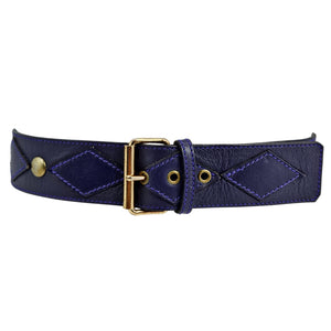 Navy leather belt with gold buckle on a white background