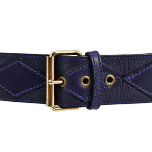 Navy leather belt with gold buckle on a white background