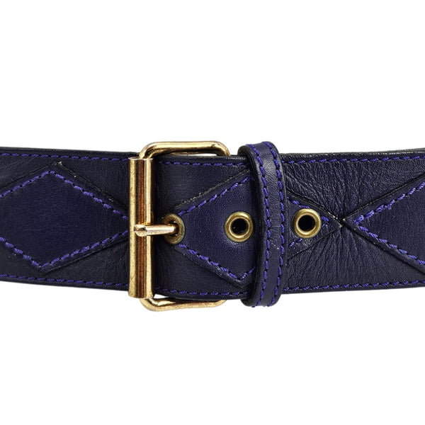 Navy leather belt with gold buckle on a white background