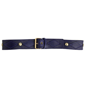 Navy blue belt with gold accents on a white background