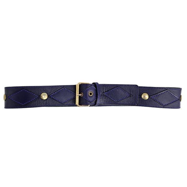 Navy blue belt with gold accents on a white background