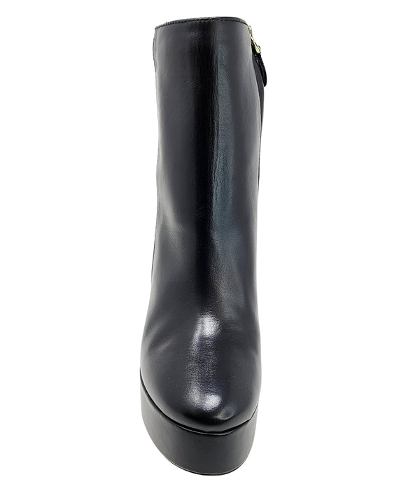 "High-heel ankle boot crafted from smooth premium leather with a sleek rounded toe, an inner side zipper for easy wear, a supportive leather-wrapped platform, and a sturdy metallic block heel. Designed with a soft leather lining and a durable leather sole