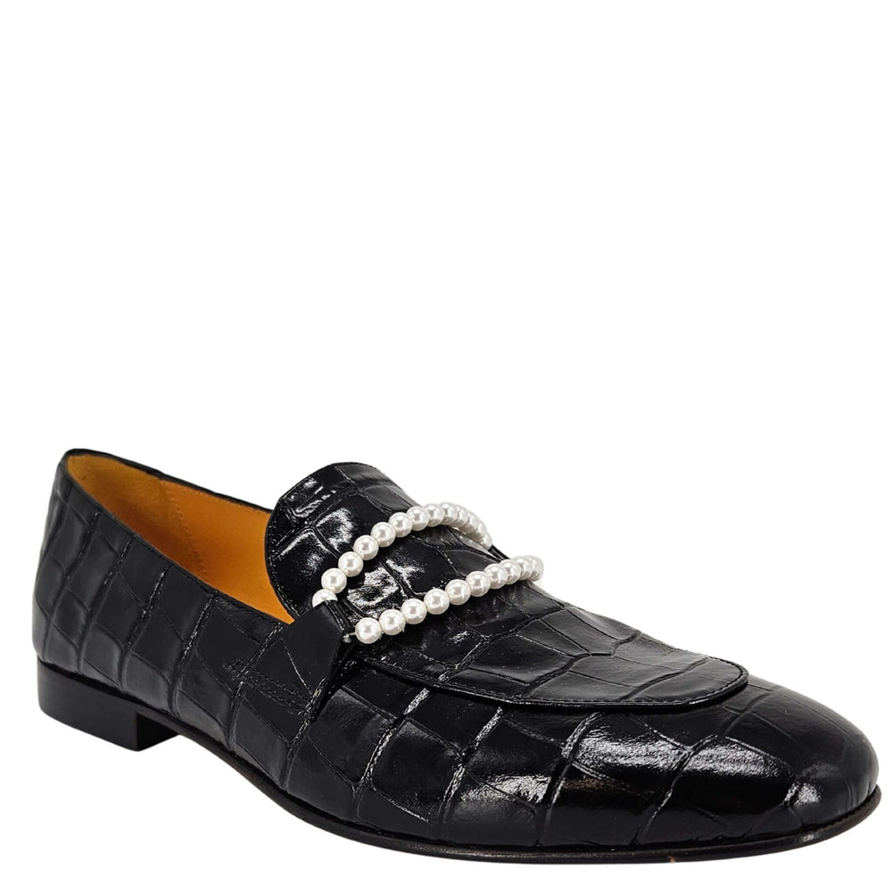 Black croc-embossed leather flat loafer with faux pearl strap detail
