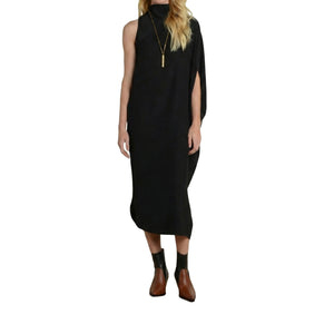 Black sleeveless dress worn by a person on a white background