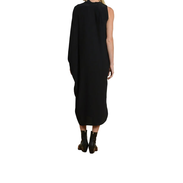 Black sleeveless dress worn by a person on a white background