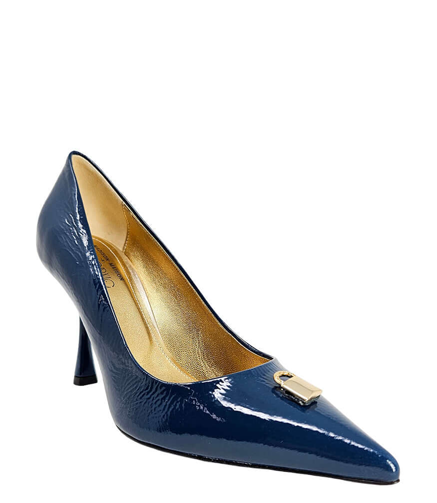 Blue patent leather pump with gold buckle lock detail and high stiletto heel