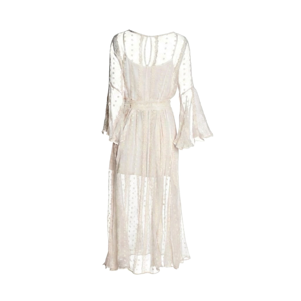 White embroidered silk chiffon boho dress, long sleeve style, flowing asymmetrical hem