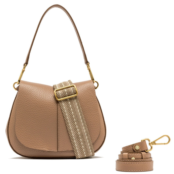 Beige handbag with gold accents and matching strap on a white background