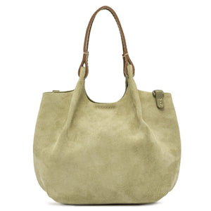 Beige handbag with brown handle on a white background