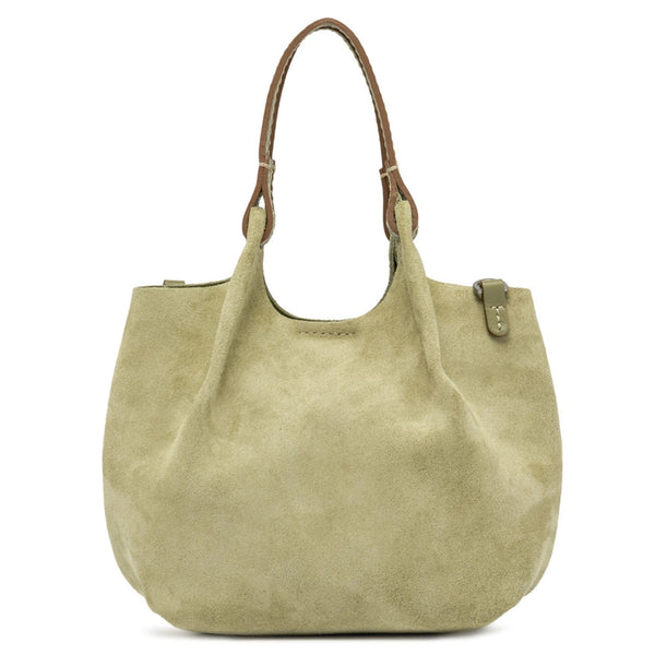 Beige handbag with brown handle on a white background