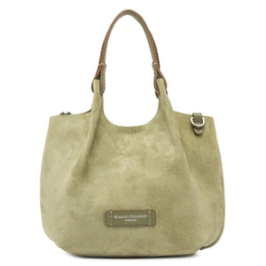 Beige handbag with a brand label on a white background