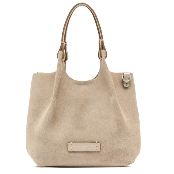Beige handbag with a visible brand label on a white background