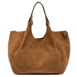 Brown suede handbag on a white background