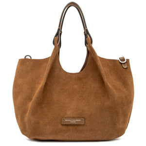 Brown handbag with a visible brand label on a white background