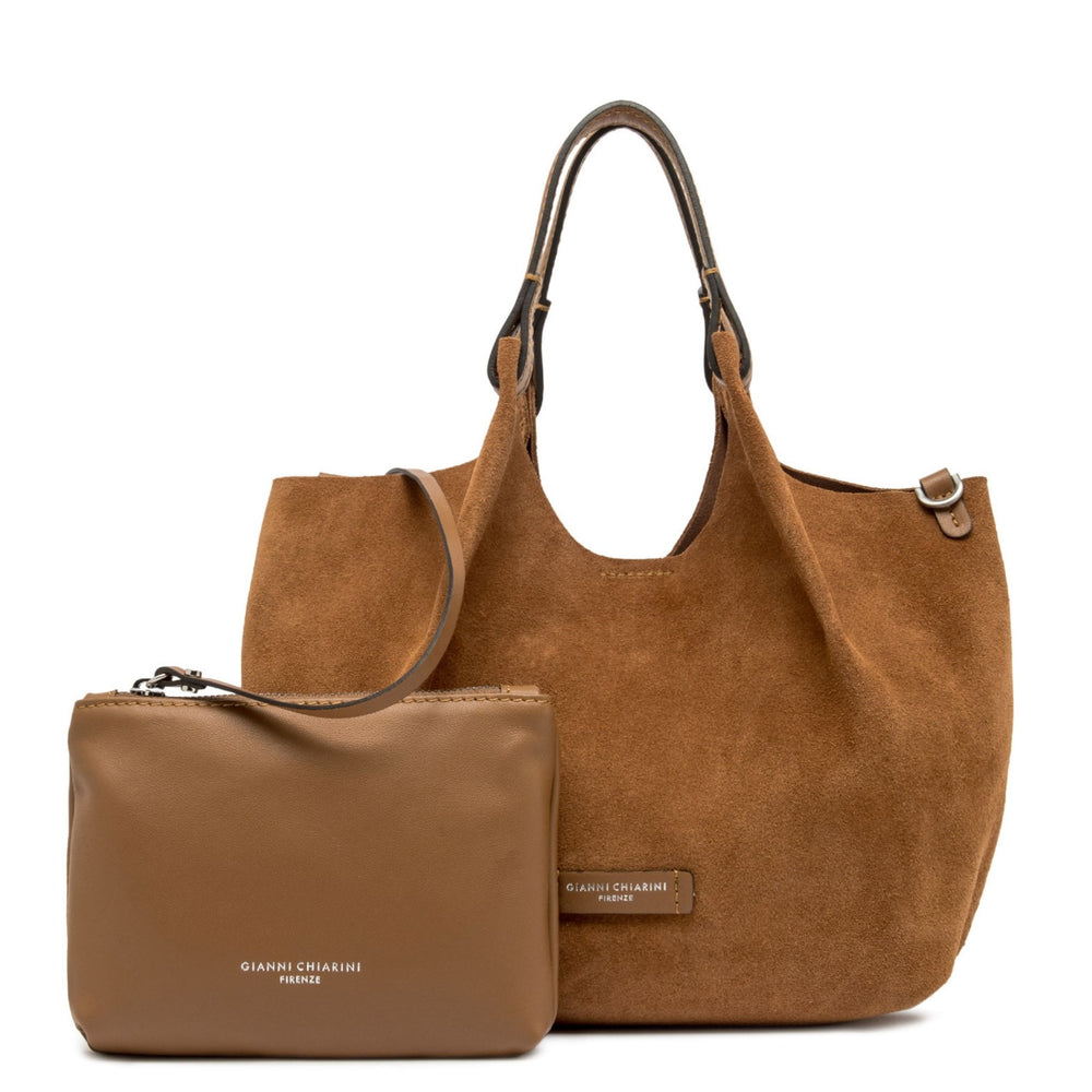 Caramel leather mini hobo bag with front logo patch and included detachable key strap