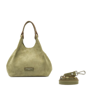 Green handbag with a matching strap on a white background