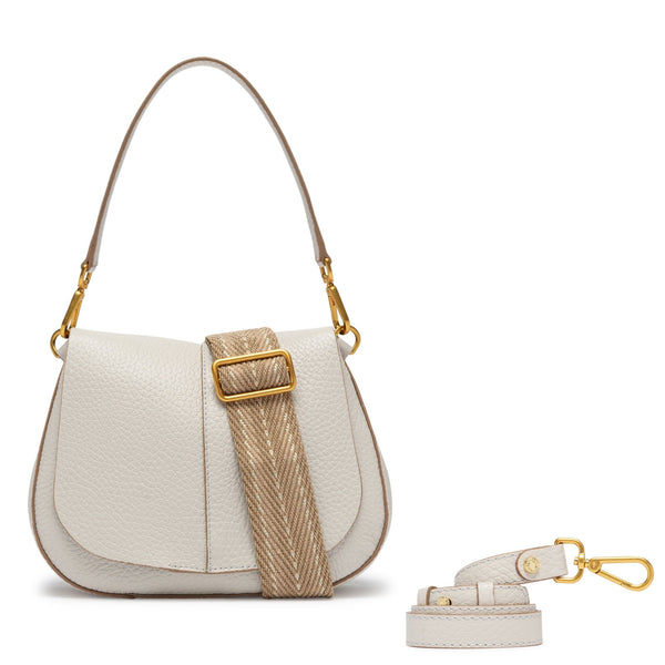 White handbag with gold accents on a white background