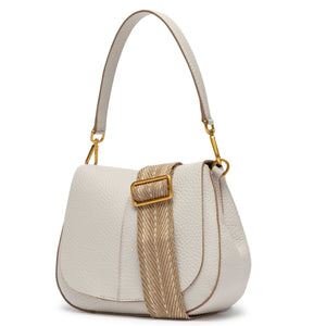White handbag with gold accents on a white background