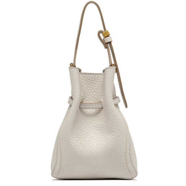 White textured handbag with a brown strap on a white background
