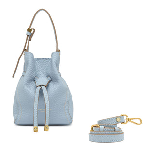 Light blue leather drawstring bag with matching strap on a white background