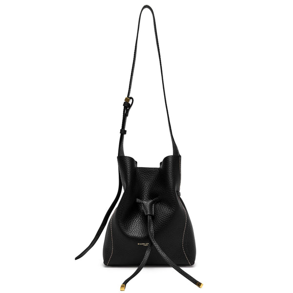 Black leather handbag with drawstring on a white background