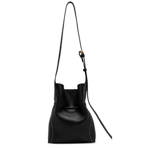 Black leather bucket bag with a strap on a white background