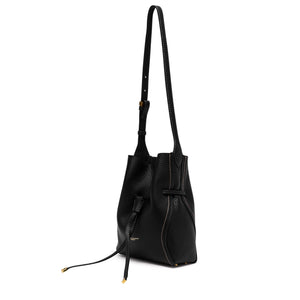 Black leather handbag with drawstring on a white background