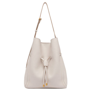 White leather bucket bag with drawstring on a white background