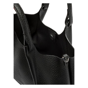Black leather hobo bag interior with open pocket and metal D-ring at side