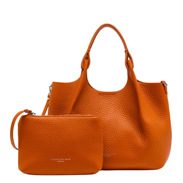 Orange leather hobo bag with top handles and matching zip pouch