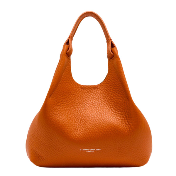 Orange leather hobo bag with rounded shape and two top handles