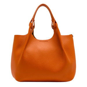 Orange leather hobo bag with short handles and spacious open top