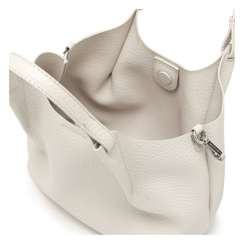 Off white leather hobo bag with top handles and matching zip pouch