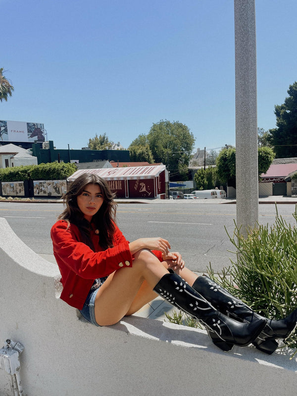 Black Tall Boots with Floral Embroidery