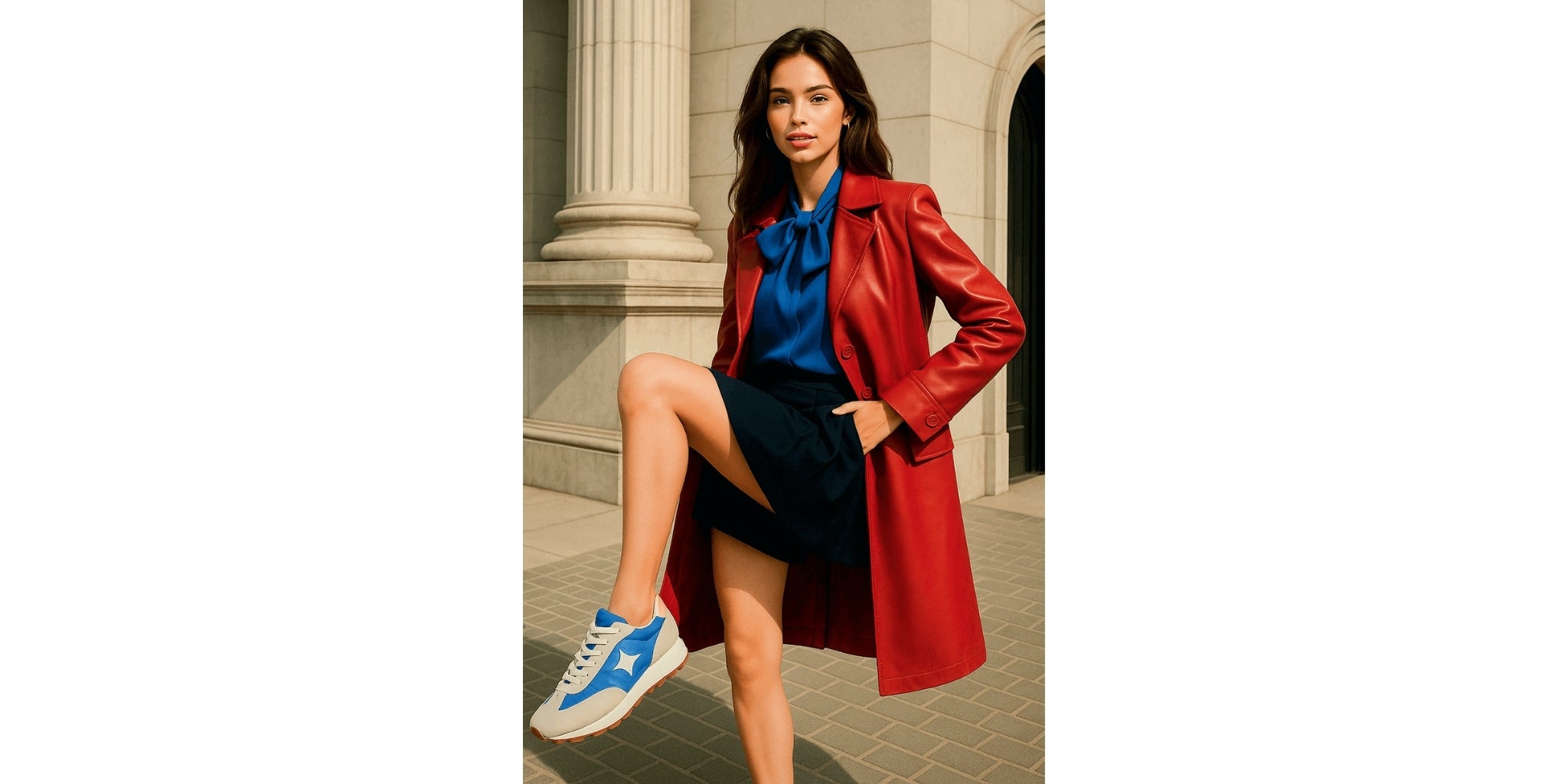 Woman in a red coat and blue shirt standing outdoors with classical architecture in the background