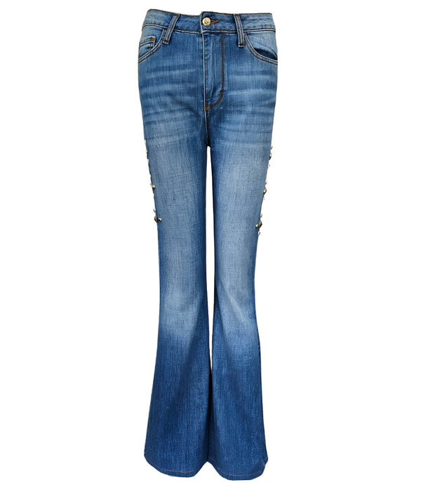 Flared-leg pants made in Italy with a mid-rise fit, featuring front and back pockets and star-shaped accents on the hip, lower leg, and back pocket. Displayed from multiple angles against a clean background