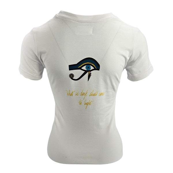 White women's T-shirt with eye graphic and small text on back