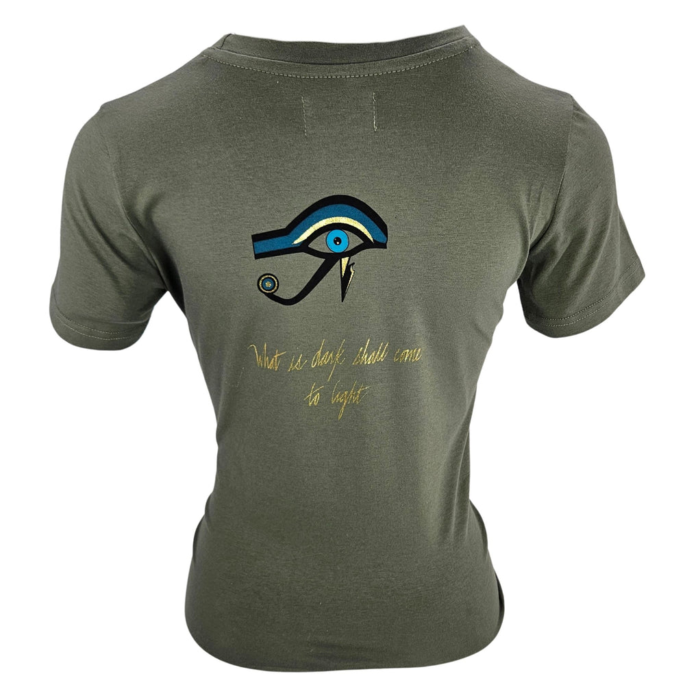 Khaki crewneck T-shirt with glittery star graphic on back