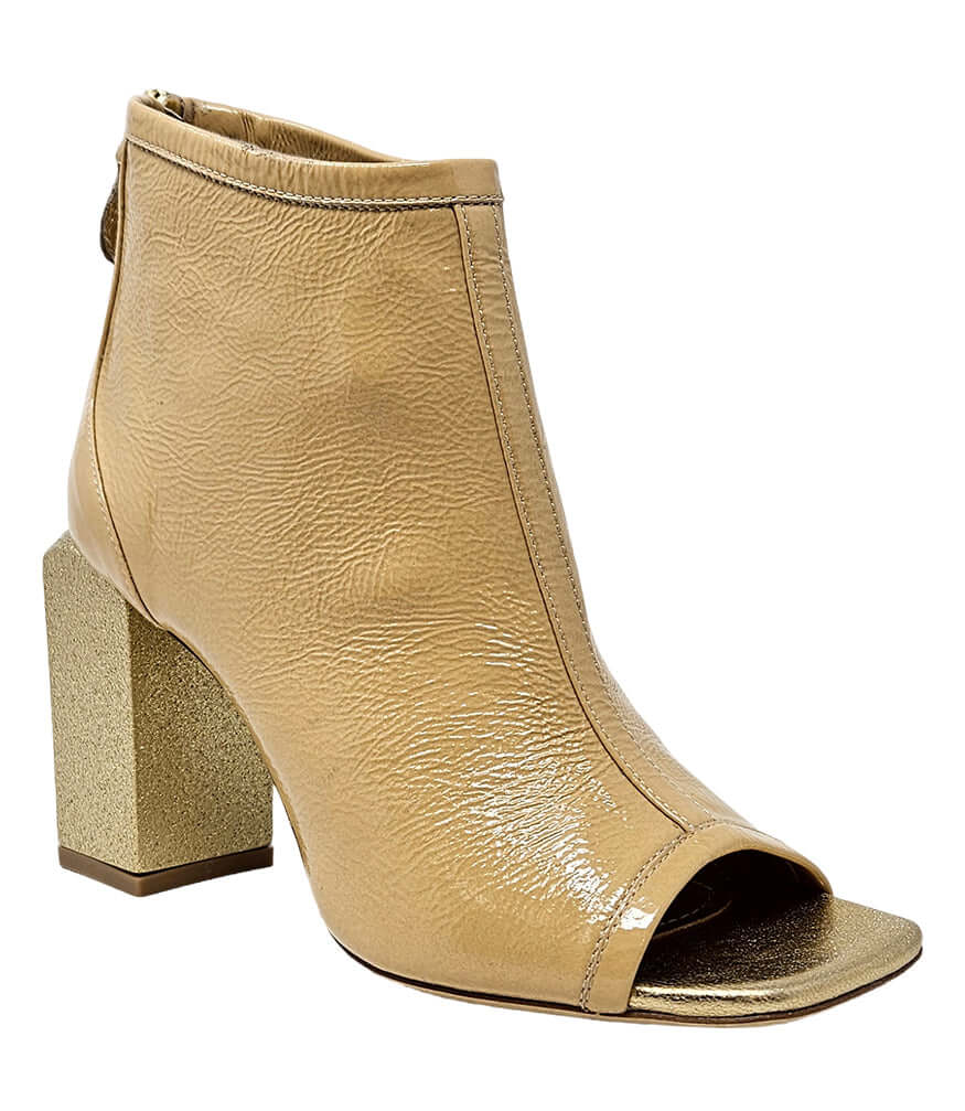 Nude gold peep-toe ankle heel sandal with side zipper and textured block heel