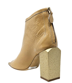 "High-heeled open-toe ankle boot handcrafted in Italy from 100% genuine leather, featuring a square toe design and a sturdy block heel for enhanced comfort and style. Ideal for both formal and statement wear.