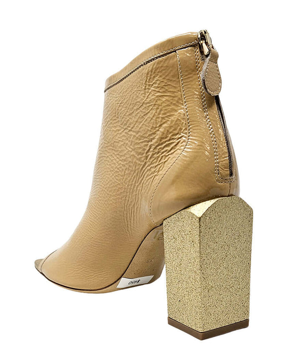 "High-heeled open-toe ankle boot handcrafted in Italy from 100% genuine leather, featuring a square toe design and a sturdy block heel for enhanced comfort and style. Ideal for both formal and statement wear.