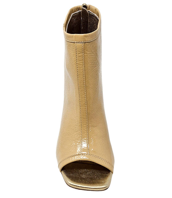 "High-heeled open-toe ankle boot handcrafted in Italy from 100% genuine leather, featuring a square toe design and a sturdy block heel for enhanced comfort and style. Ideal for both formal and statement wear.