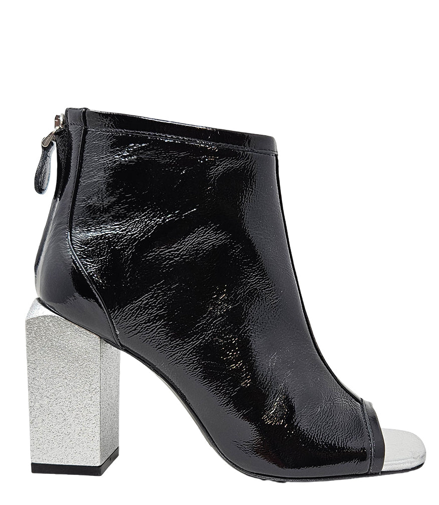 "High-heeled open-toe ankle boot handcrafted in Italy from 100% genuine leather, featuring a square toe design and a sturdy block heel for enhanced comfort and style. Ideal for both formal and statement wear.