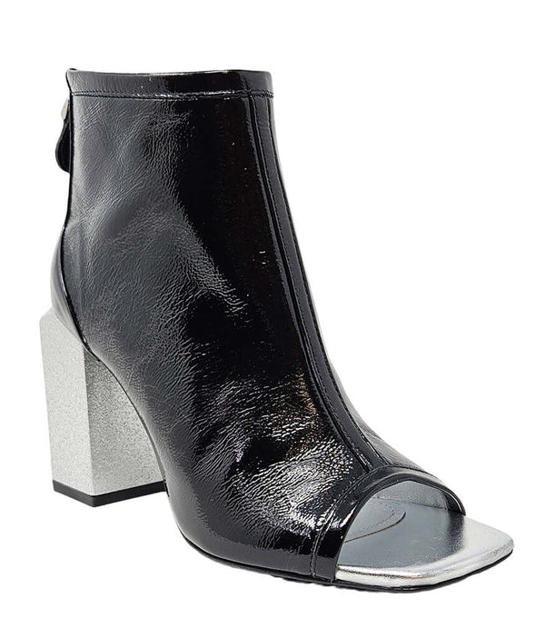 "High-heeled open-toe ankle boot handcrafted in Italy from 100% genuine leather, featuring a square toe design and a sturdy block heel for enhanced comfort and style. Ideal for both formal and statement wear.
